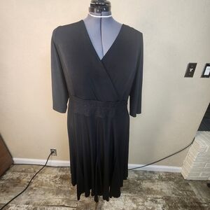 Traces By Tracy Evans Black Faux-Wrap Midi Dress Smocked Waist 16W